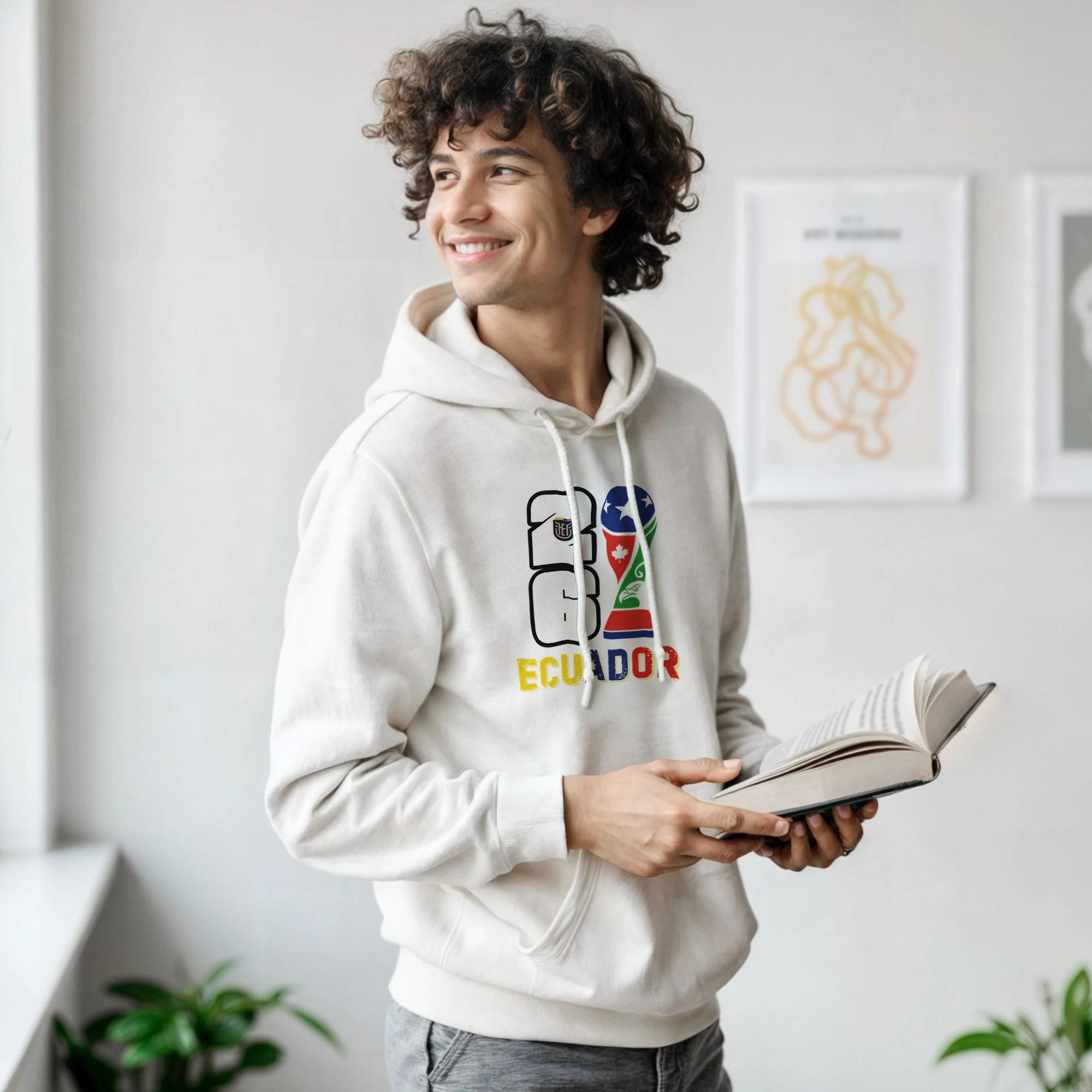 Person wearing a white hoodie with colorful text, holding a book indoors.