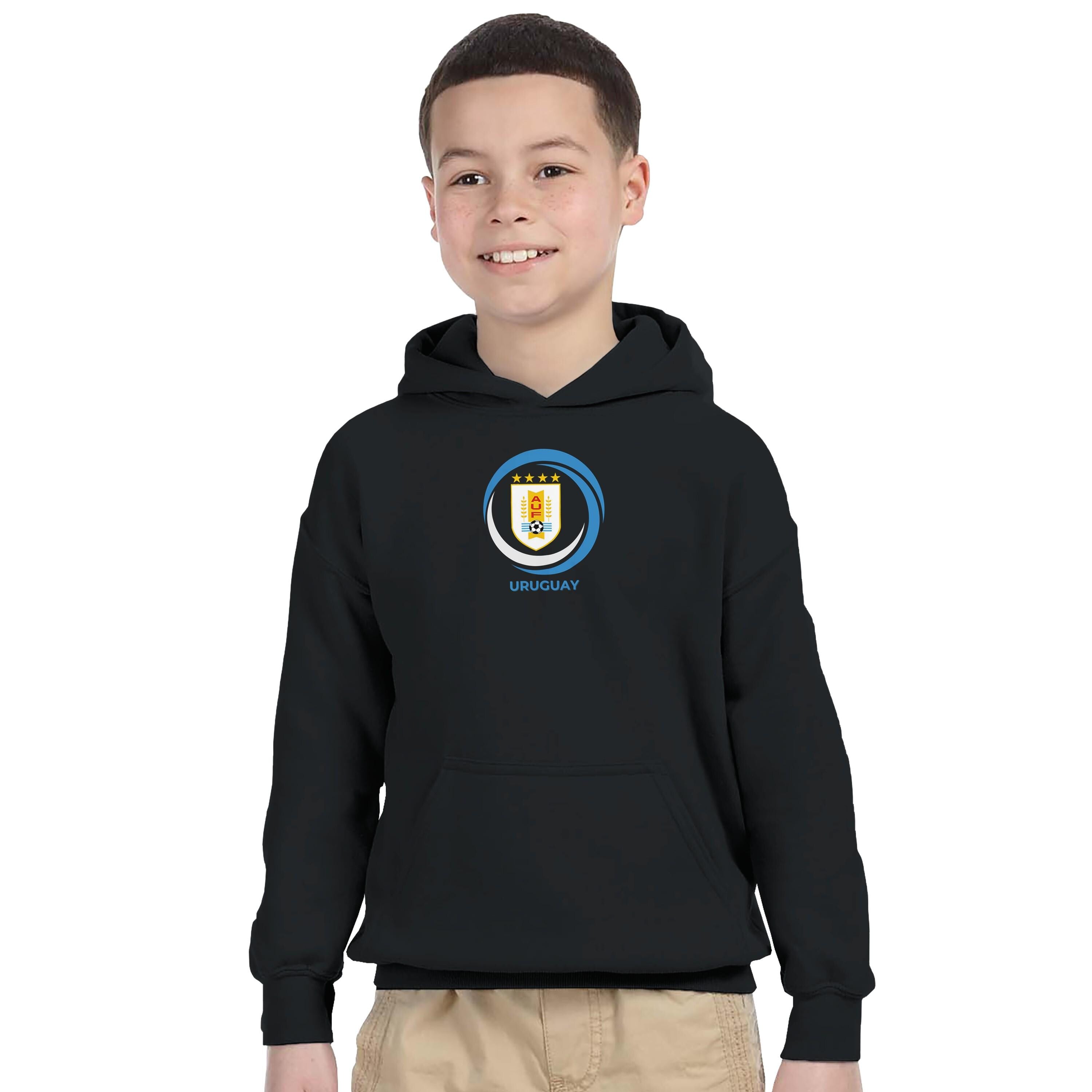Child wearing a black hoodie with a logo on a white background