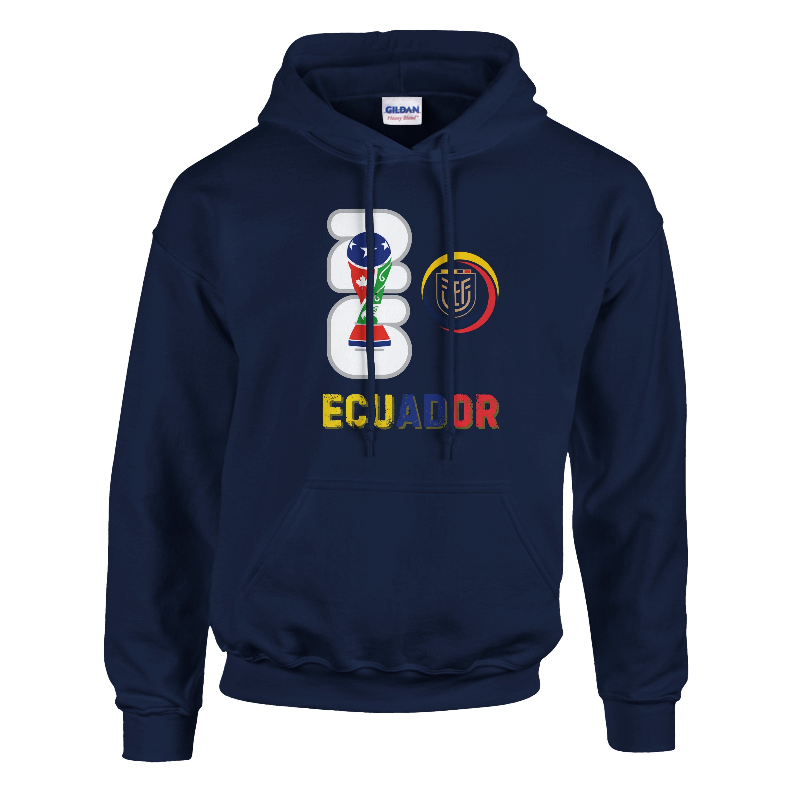 Navy blue hoodie with Ecuador design on a white background