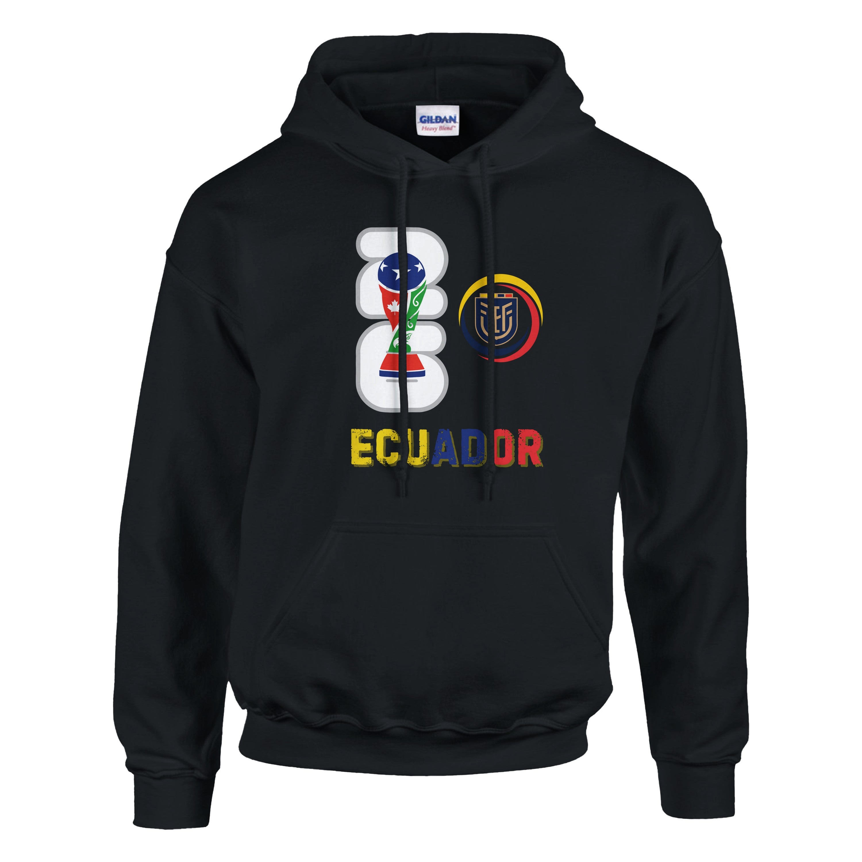 Black hoodie with Ecuador-themed design on a white background