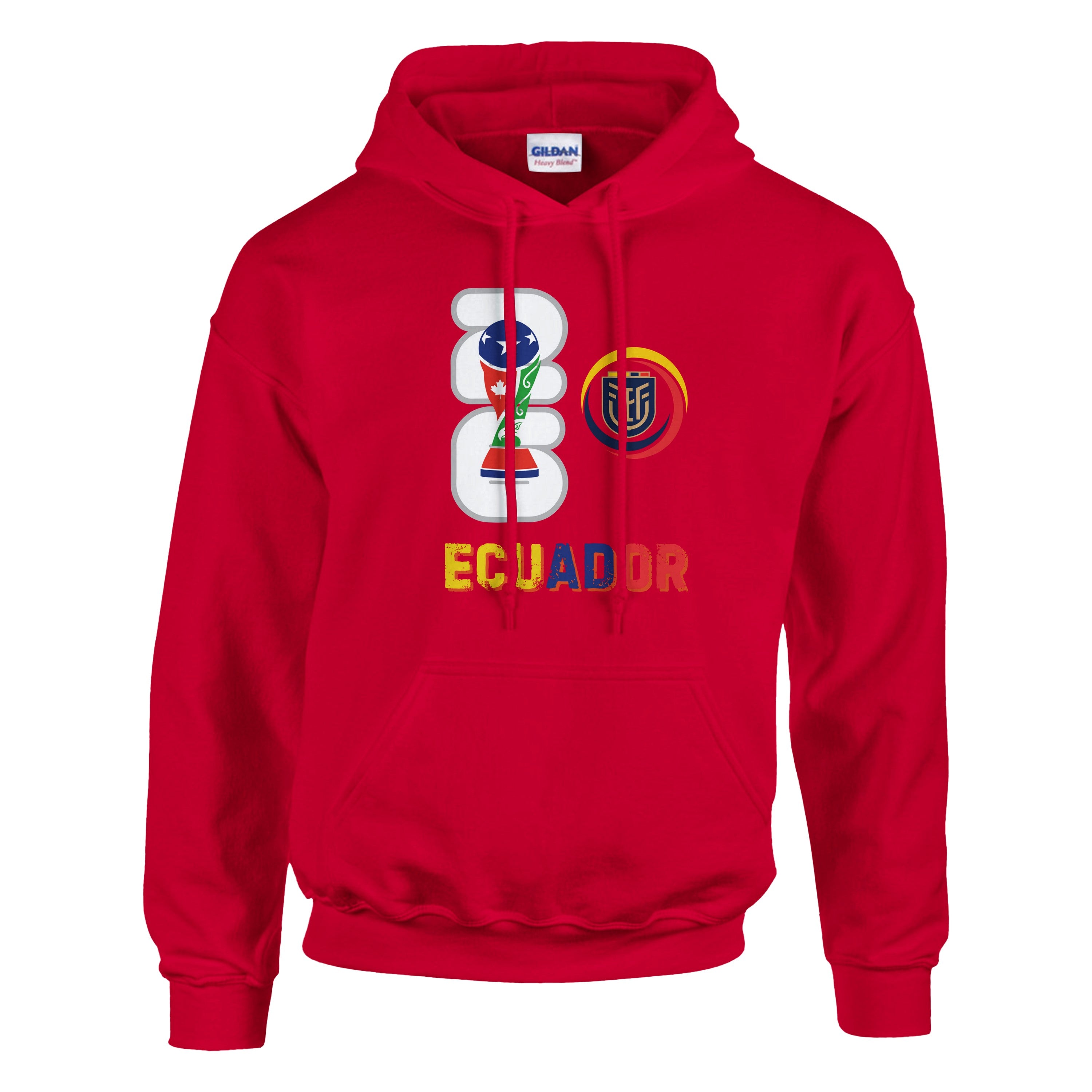 Red hoodie with 'Ecuador' text and logo on a white background