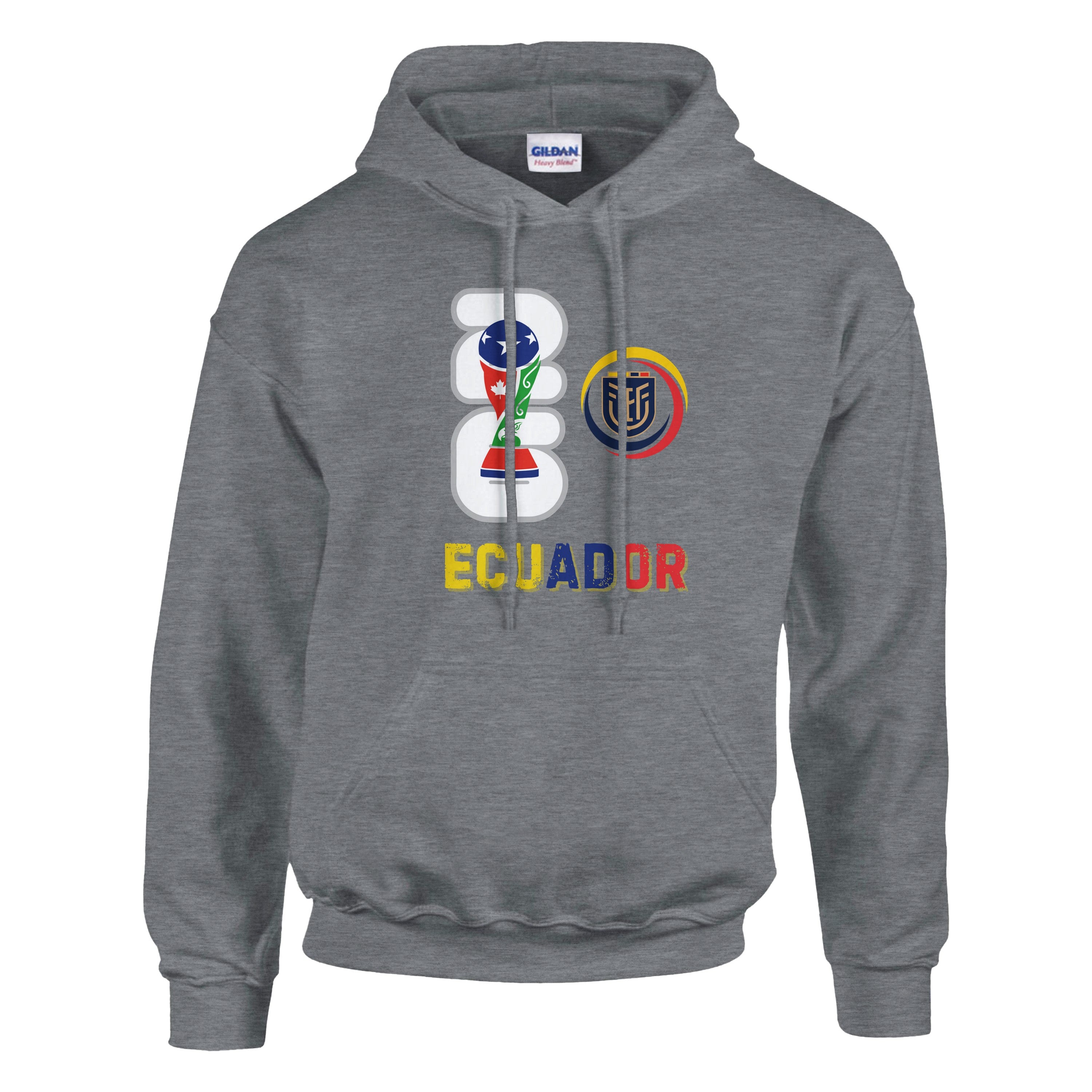 Gray hoodie with Ecuadorian flag design on a white background