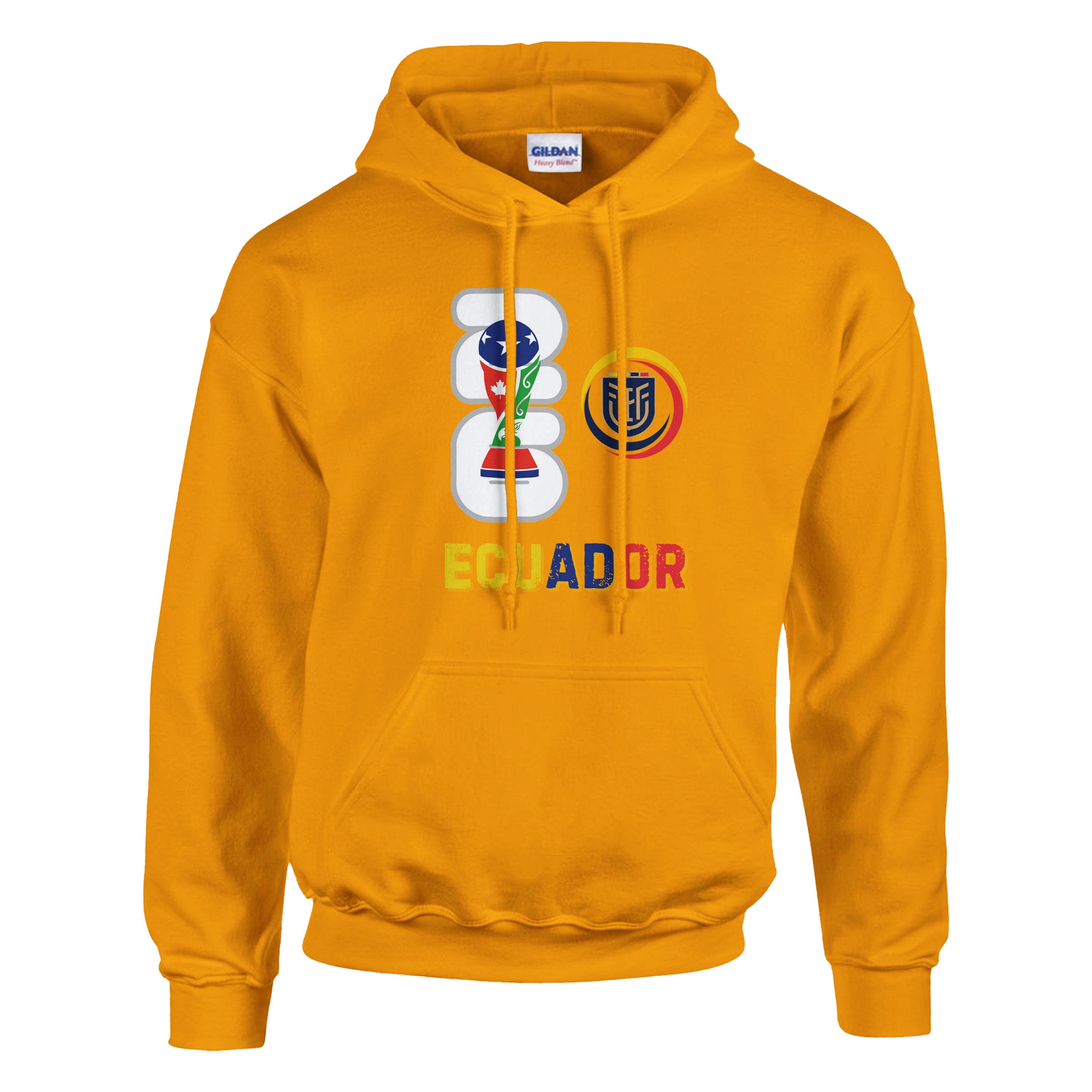 Yellow hoodie with 'Ecuador' text and logo on a white background