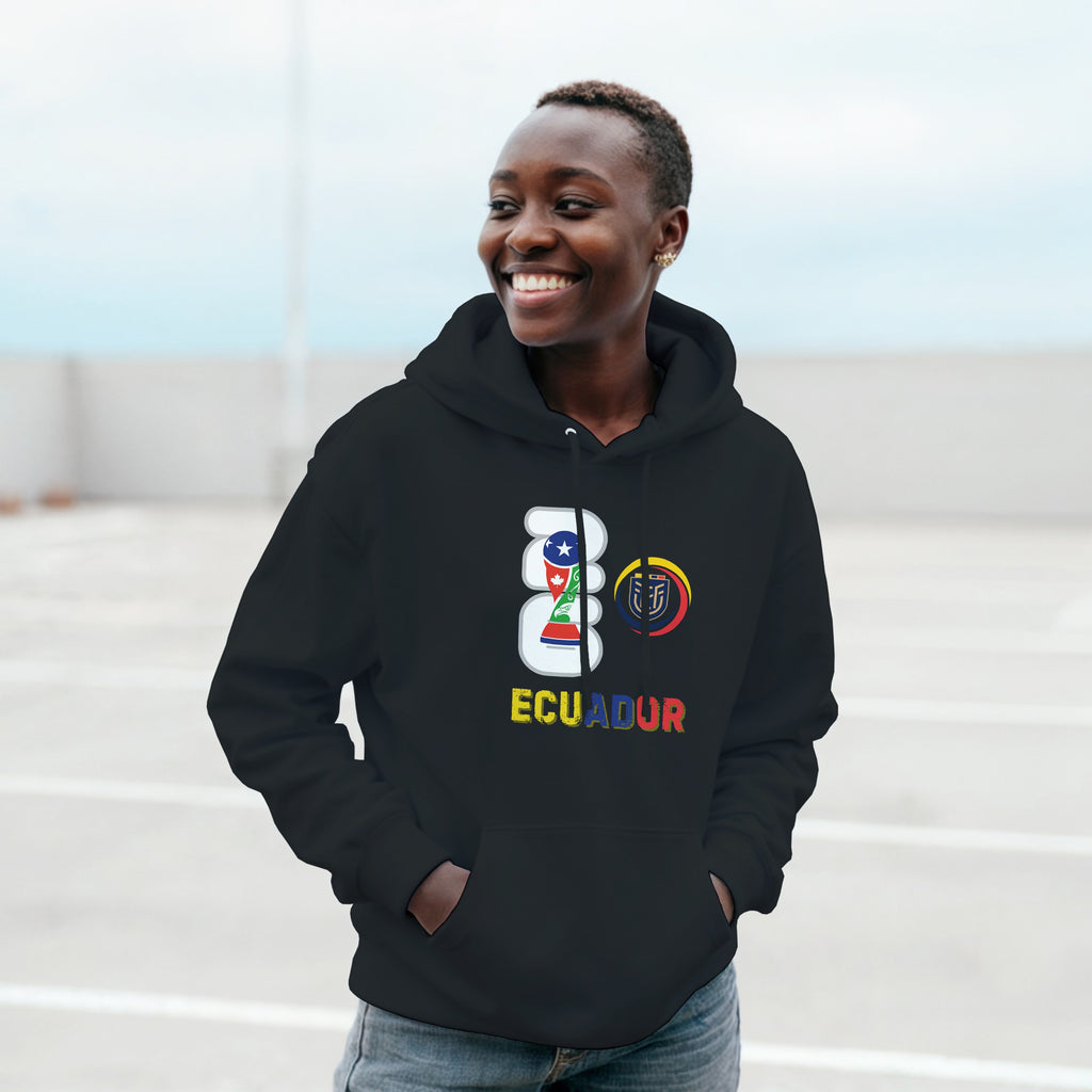Person wearing a black hoodie with Ecuador design outdoors