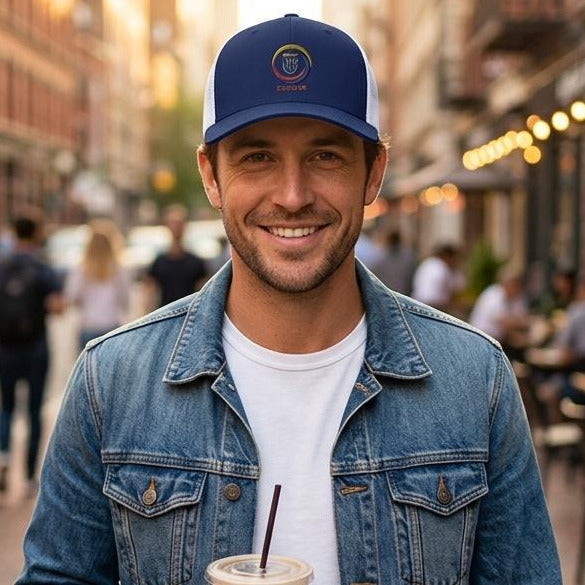 Man holding a coffee cup on a city street with buildings and people in the background